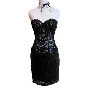 Corset Cocktail Dress Sz 0 in Black by Tiffany Designs w Lace & Sparkle